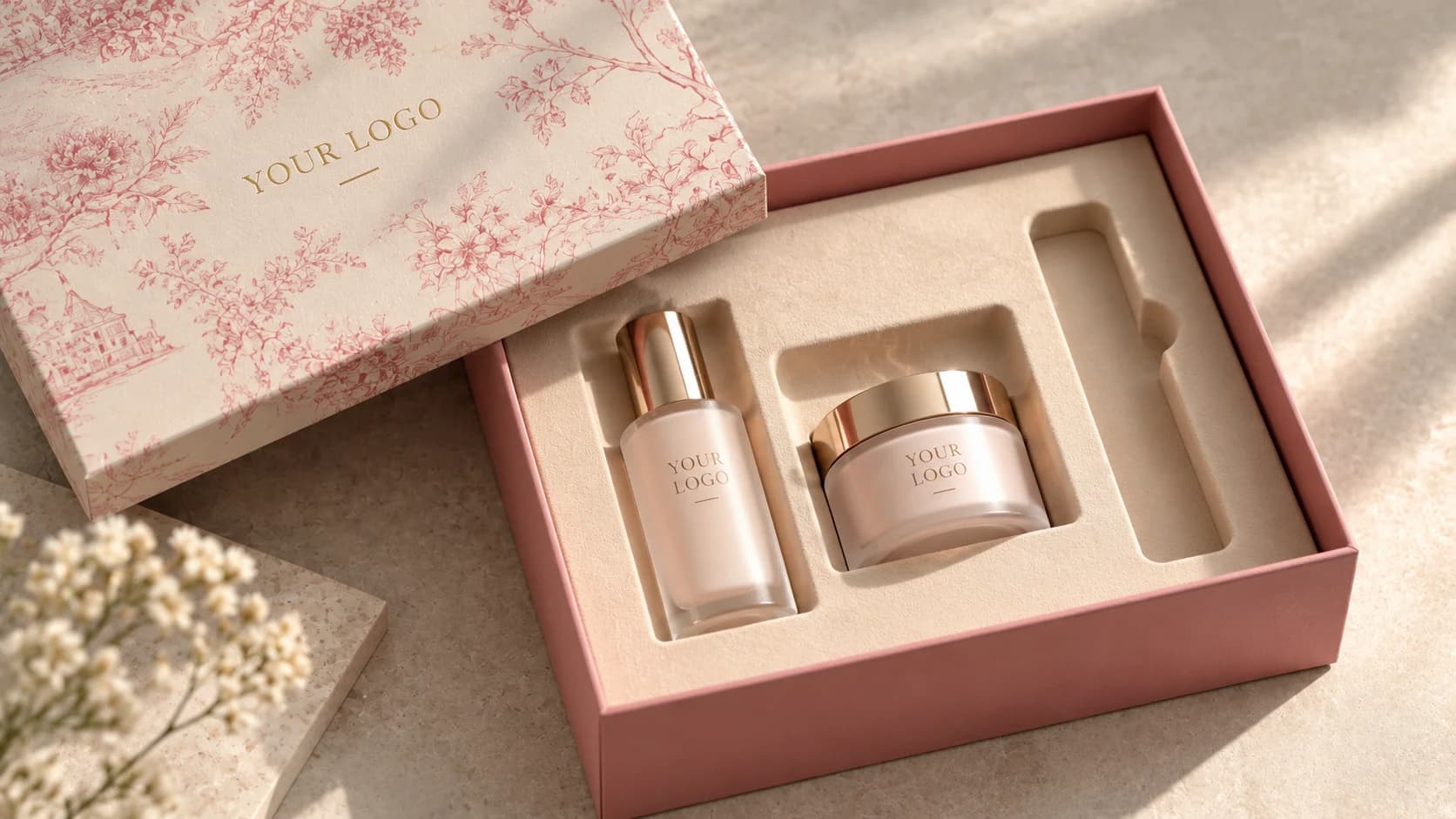 Blush beauty gift box with a floral lid and fitted insert holding skincare bottles and a jar