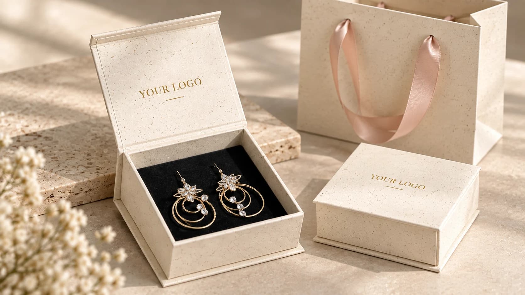 Cream jewelry presentation box with earrings, matching closed box and ribbon-handled paper bag