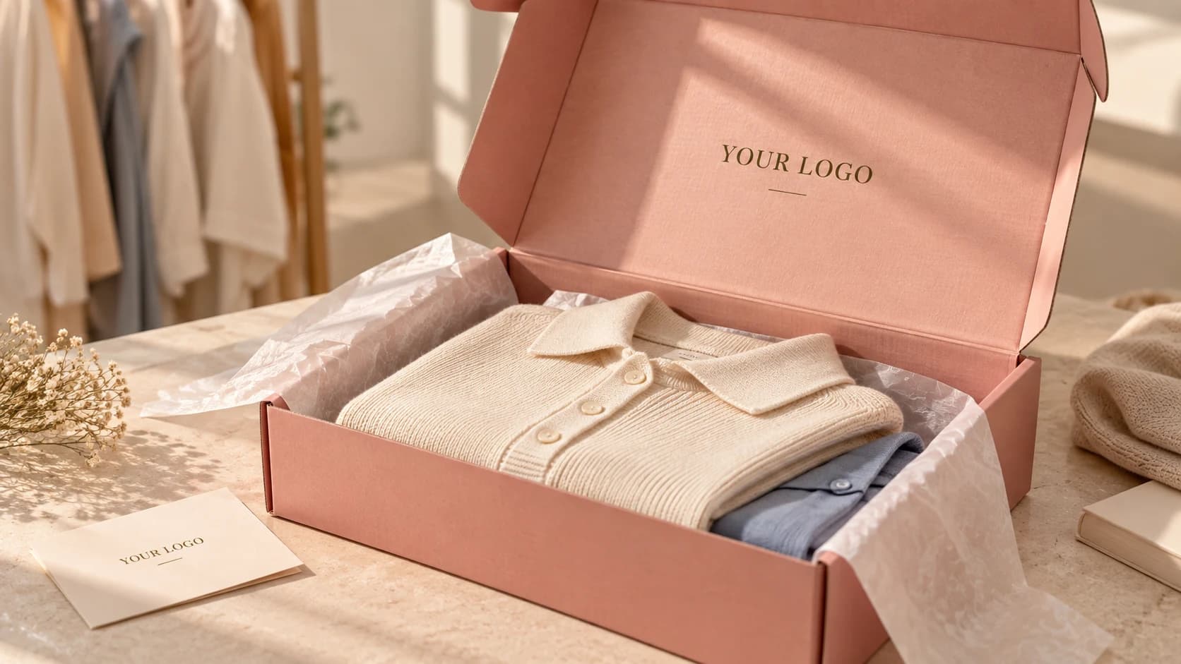 Blush apparel mailer with folded knitwear and printed tissue paper