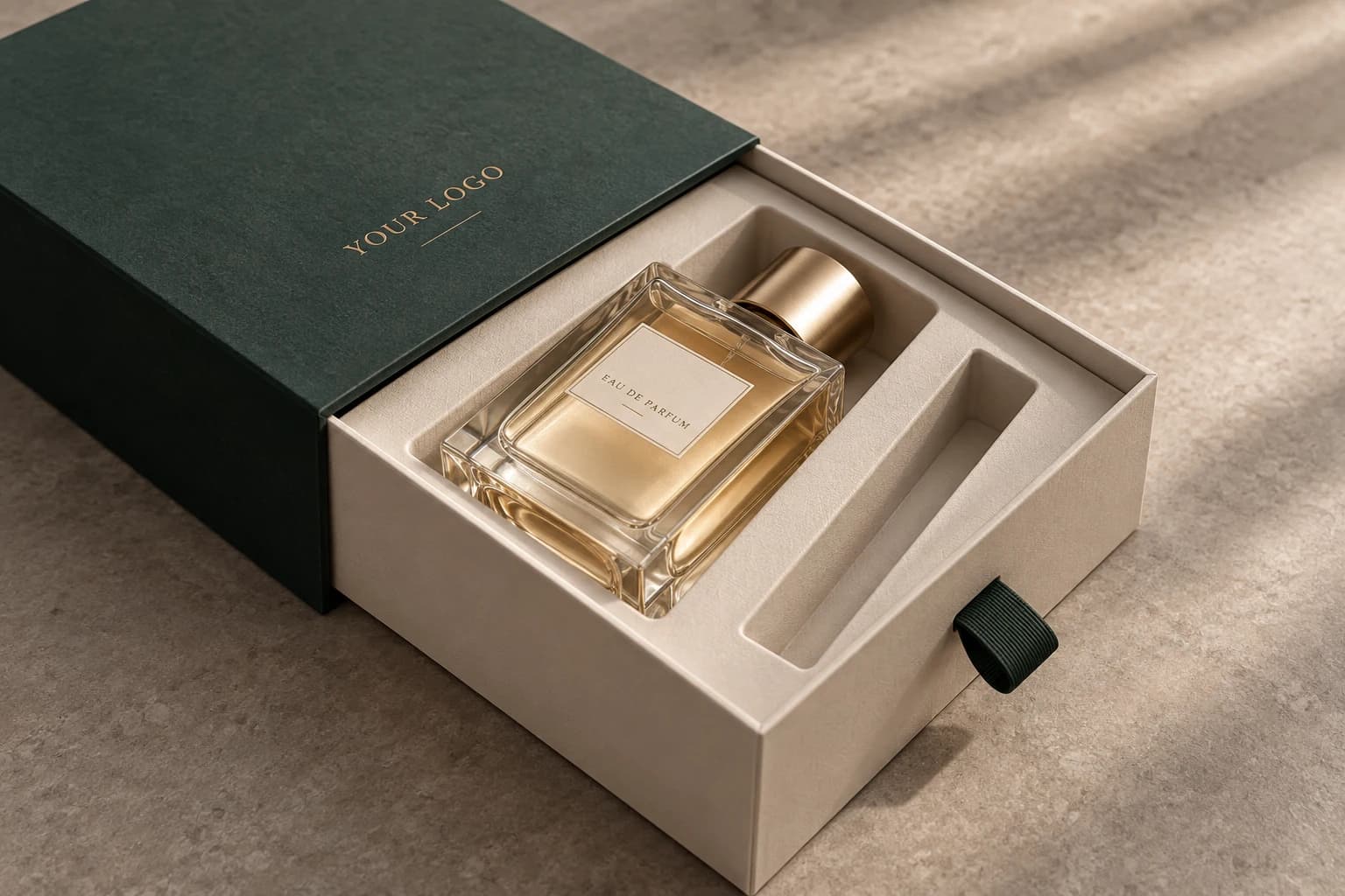 Forest-green fragrance drawer box with a cream fitted insert and glass perfume bottle