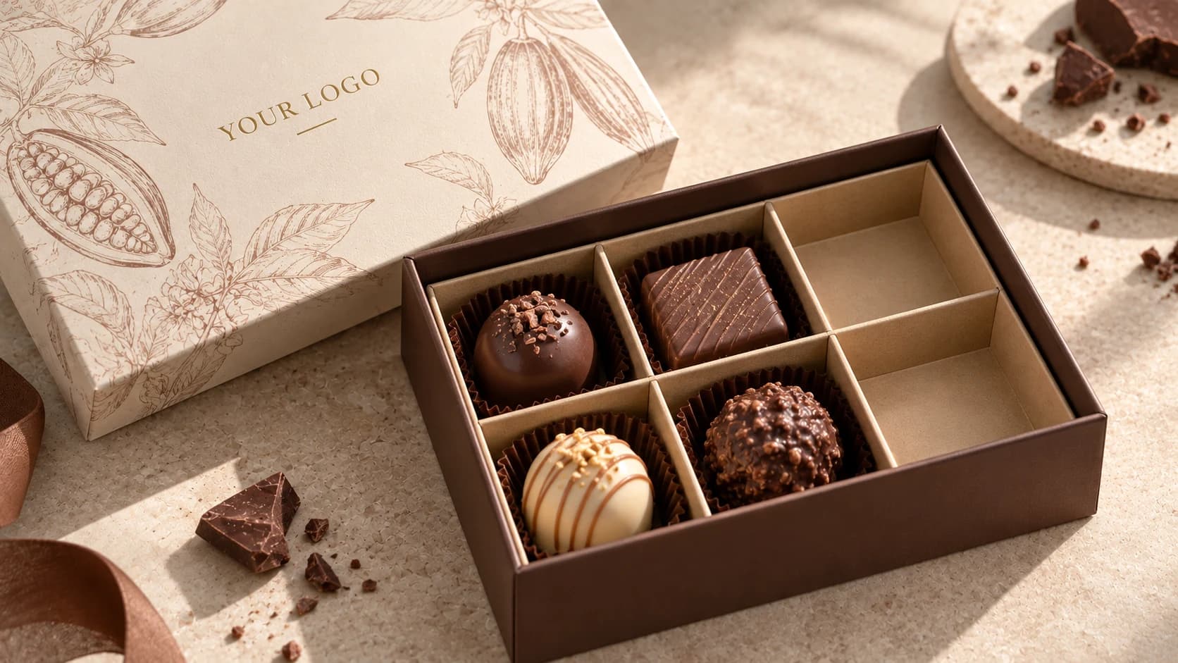 Chocolate gift box with an illustrated lid and paper dividers holding assorted chocolates