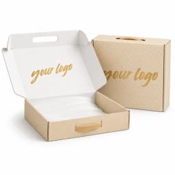Open and closed cream mailers with carry handles and logo panels
