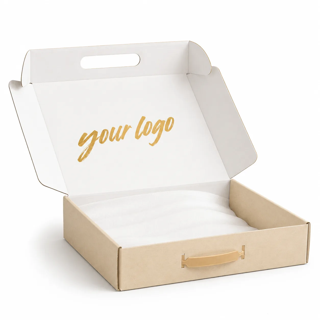 Cream handled mailer with the lid open and an empty interior