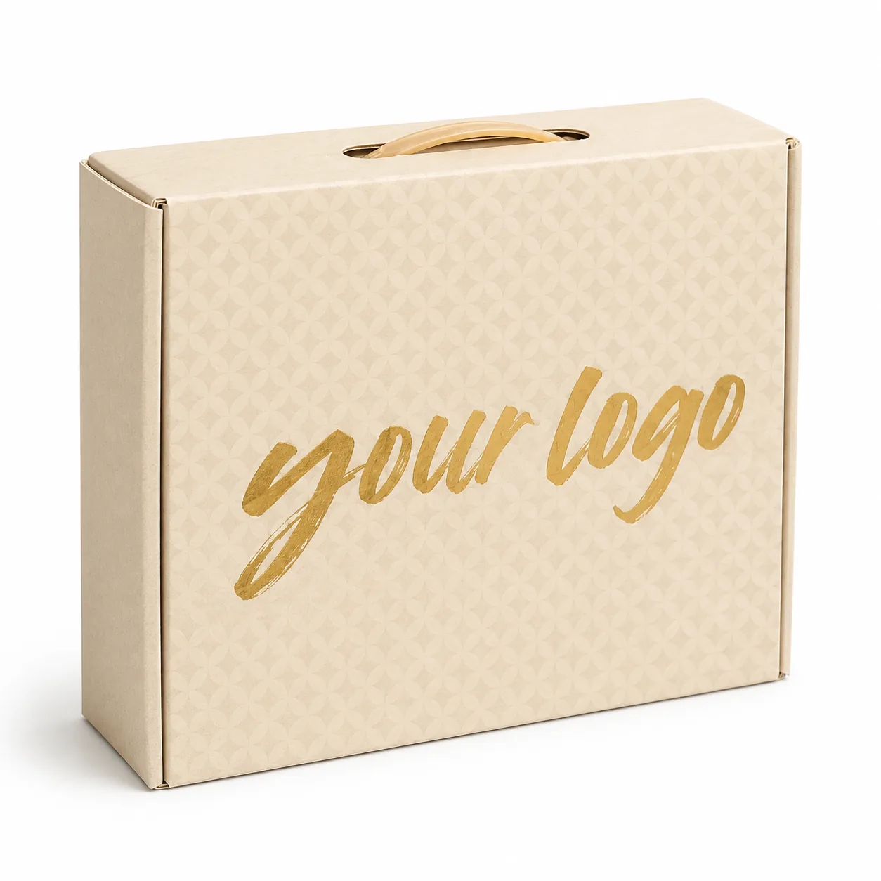 Closed cream mailer standing upright with its handle visible