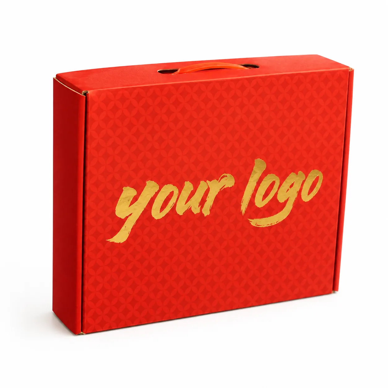 Red handled mailer with gold-colored logo lettering