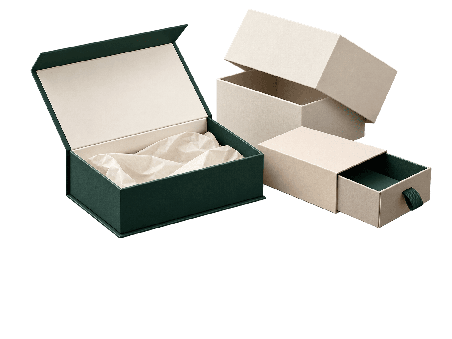 Custom rigid packaging boxes including magnetic, lid and base and drawer box styles