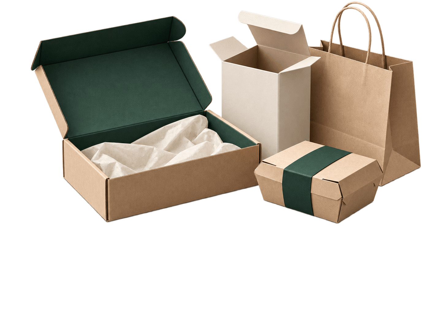 Retail and delivery packaging including mailer box, folding carton, paper bag and takeaway box