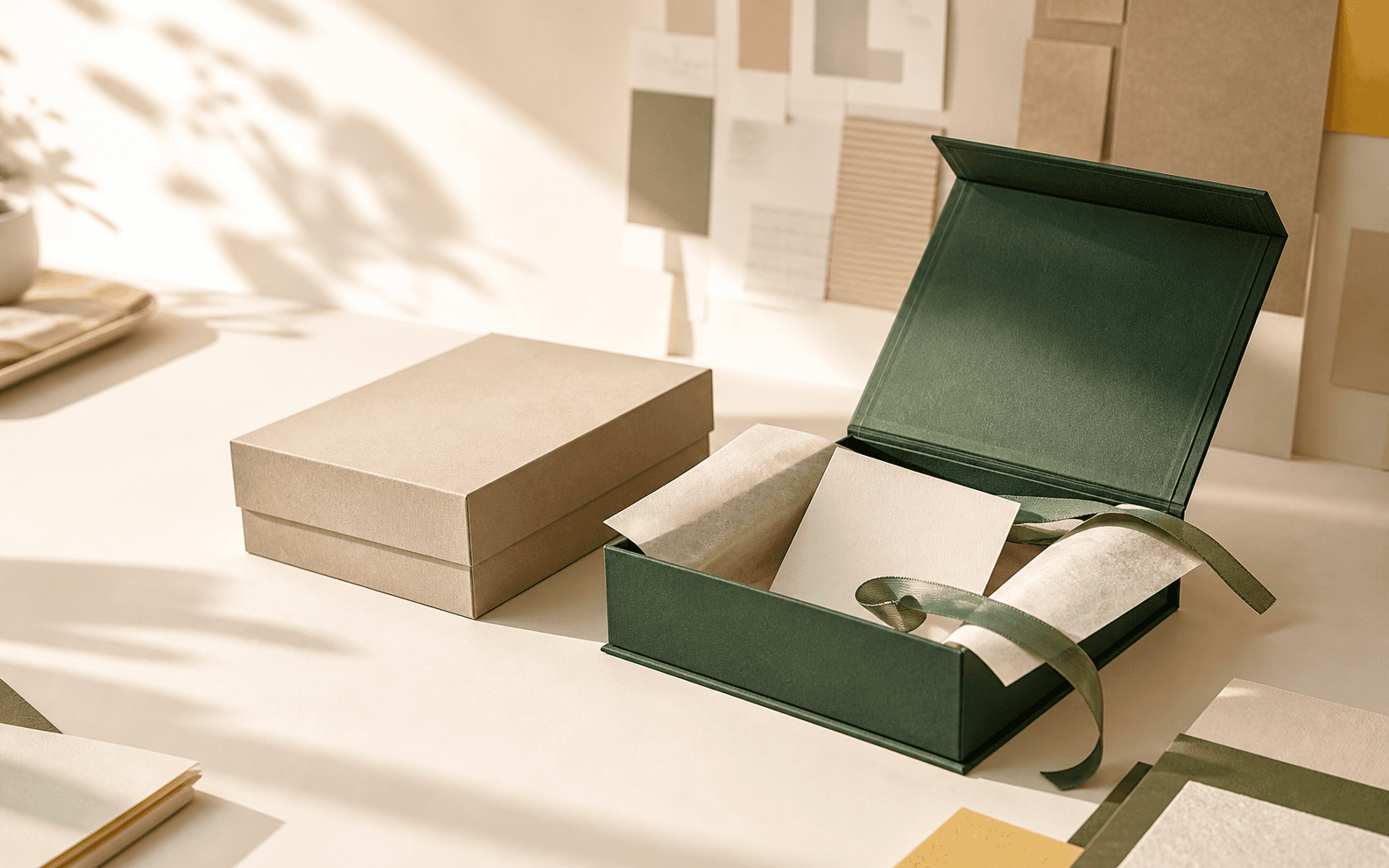 Sunlit unbranded rigid gift boxes with tissue, ribbon and printed insert